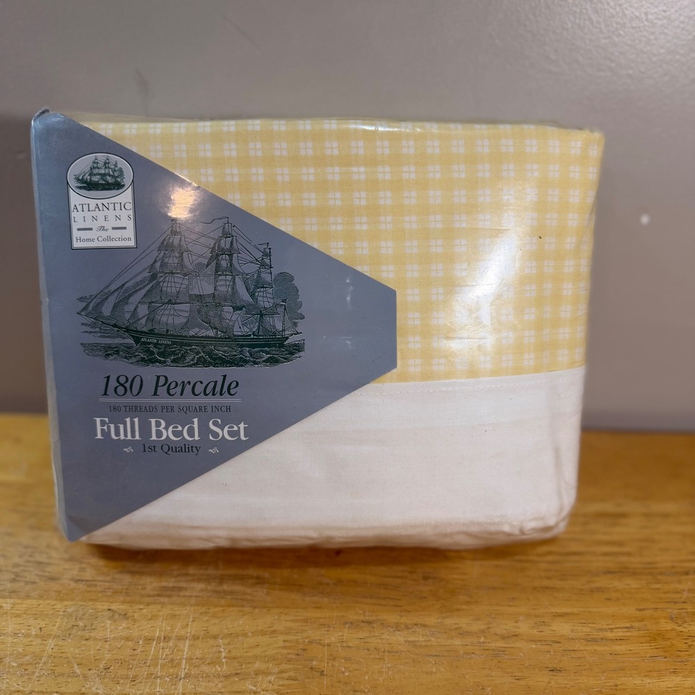 Atlantic Linens Full Bed Set Yellow Gingham Vtg 180 Percale 4pc Cottagecore